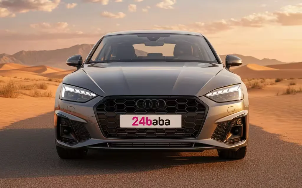 Audi A5 2023 Grey front view with headlights – rental in Dubai