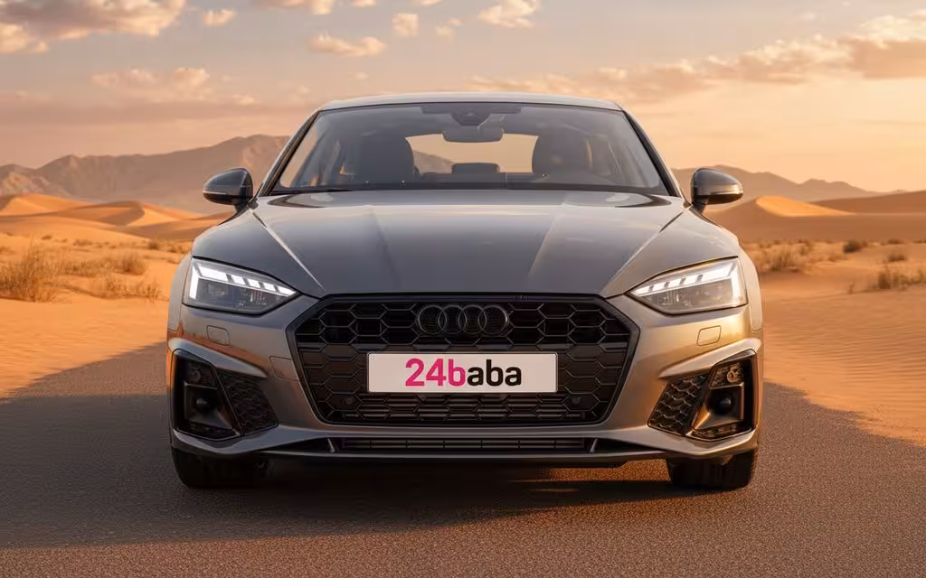 Audi A5 2023 Grey front view with headlights – rental in Dubai