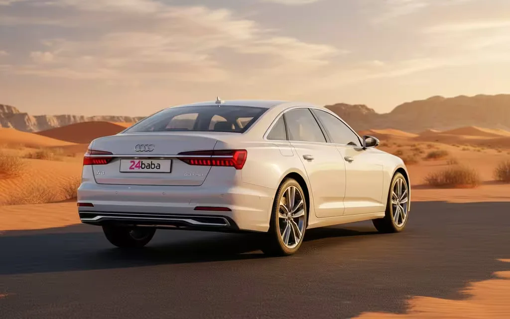Audi A6 2024 White rear view showing taillights