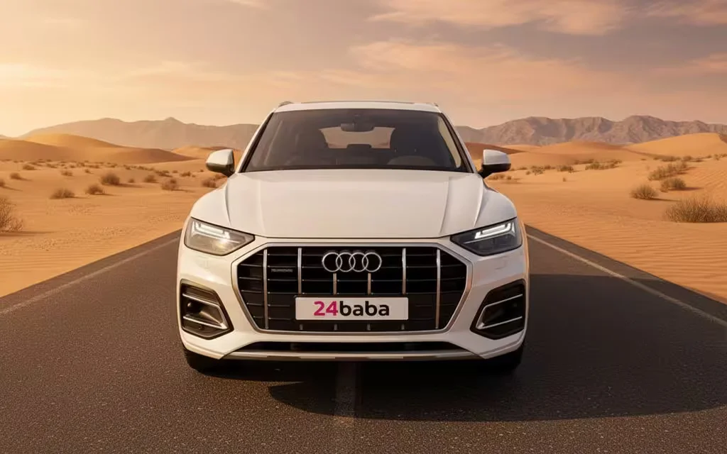 Audi Q5 2024 White front view with headlights – rental in Dubai
