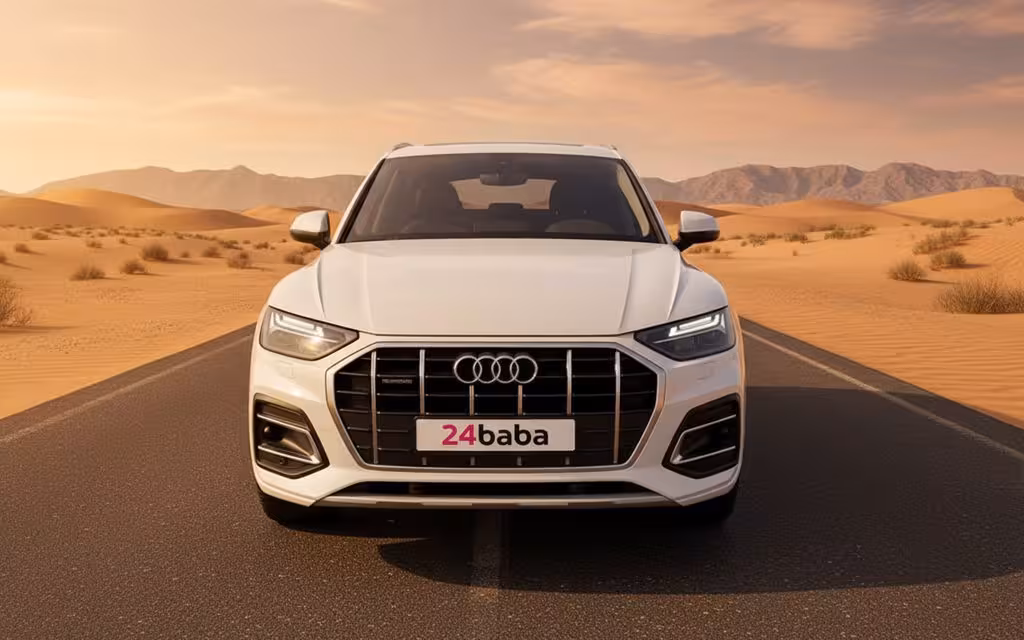 Audi Q5 2024 White front view with headlights – rental in Dubai