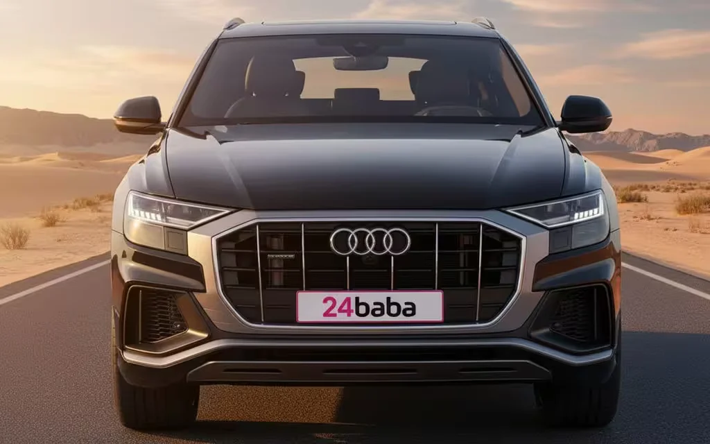 Audi Q8 2022 Black front view with headlights – rental in Dubai