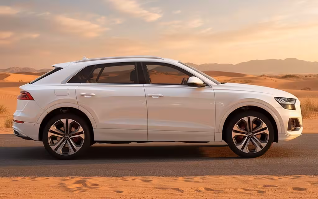 Audi Q8 2023 White side profile – rental in Dubai