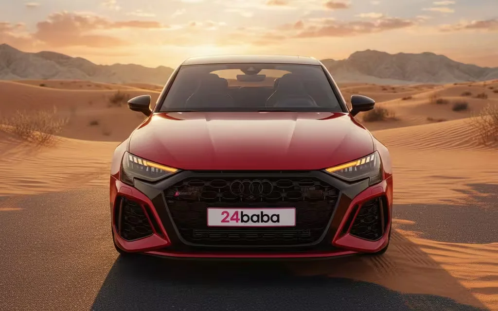 Audi Rs3 2024 Red front view with headlights – rental in Dubai