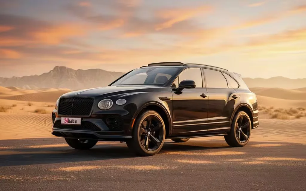 Bentley Bentayga 2022 Black front view with headlights – rental in Dubai