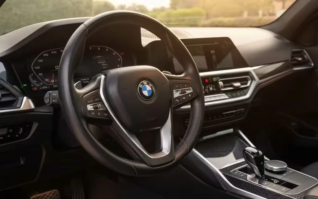 Bmw 330 2021 alloy steering wheel close up – rental in Dubai