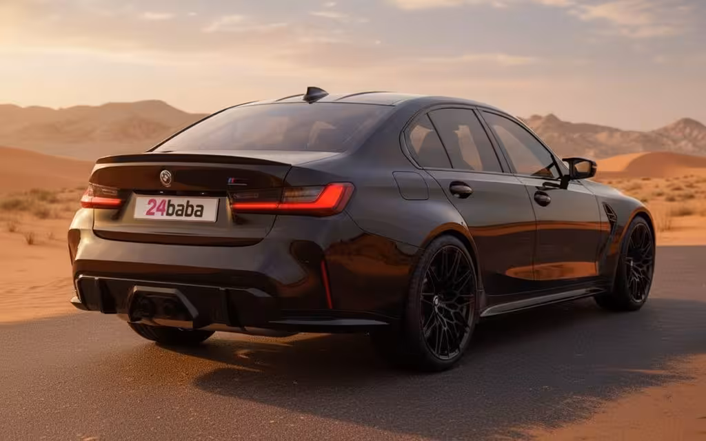 Bmw 330 2021 Black rear view showing taillights – rental in Dubai