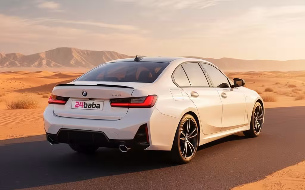Bmw 330 2023 White rear view showing taillights – rental in Dubai