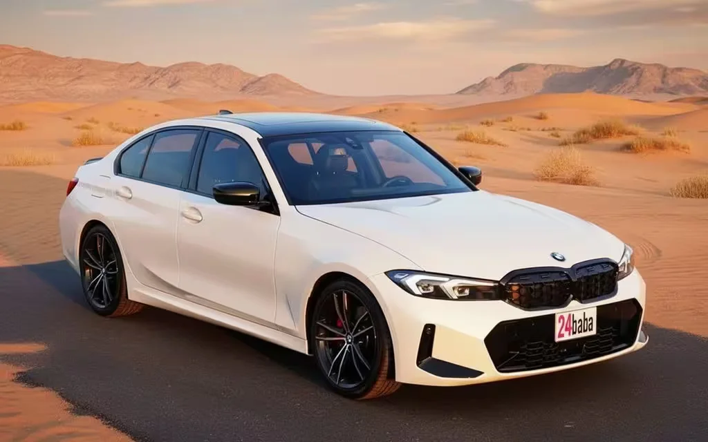 Bmw 330 2023 White front view with headlights – rental in Dubai