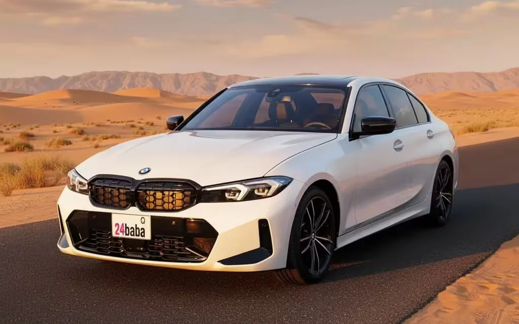 Bmw 330 2023 White parked outdoor scene – rental in Dubai