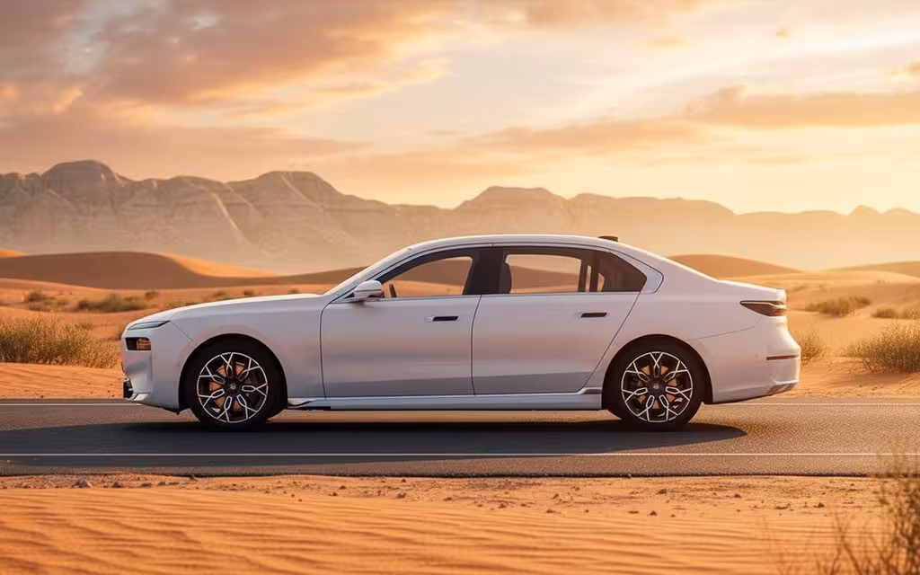 Bmw 735 2023 white side profile – rental in Dubai