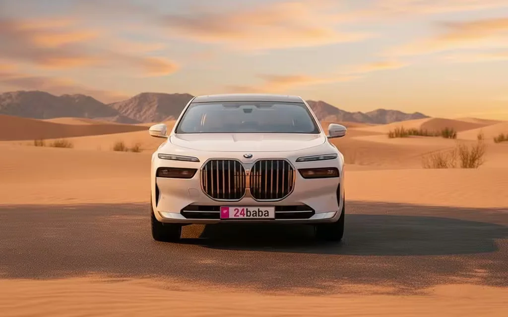Bmw 735 2023 white front view with headlights – rental in Dubai