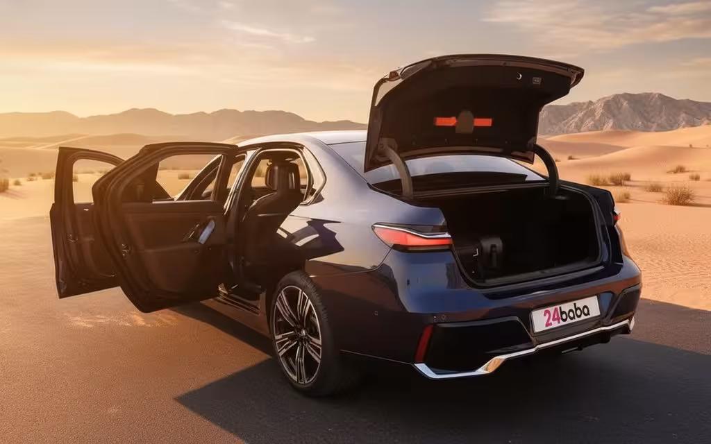 Bmw 735 2023 blue rear view showing taillights – rental in Dubai