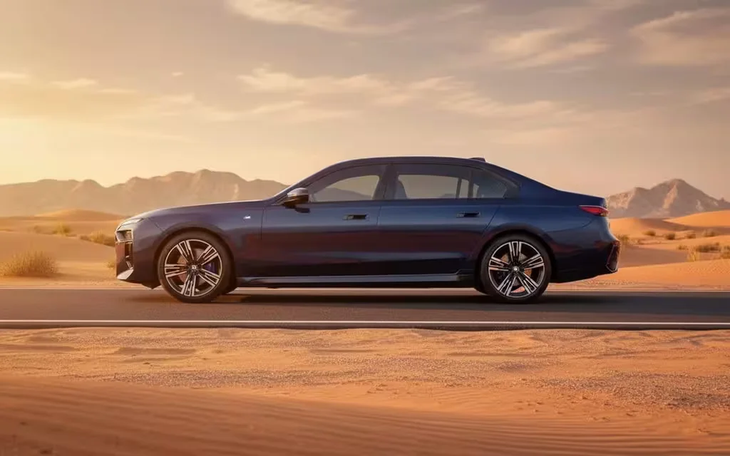 Bmw 735 2023 blue side profile – rental in Dubai