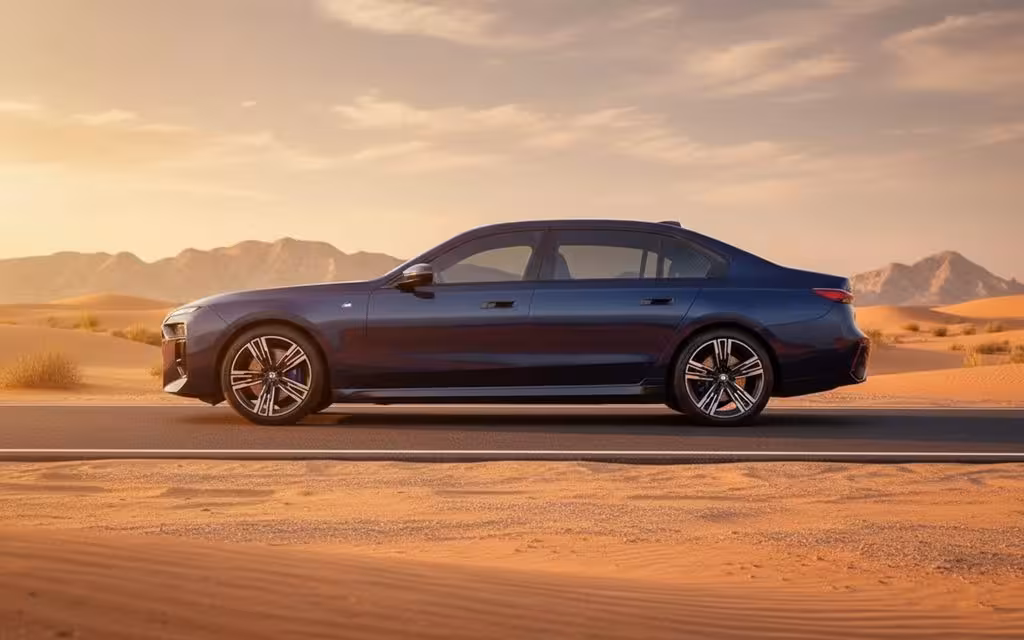 Bmw 735 2023 blue side profile – rental in Dubai