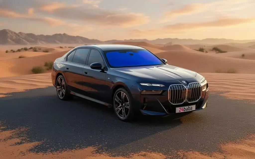 Bmw 735 2023 blue parked outdoor scene – rental in Dubai