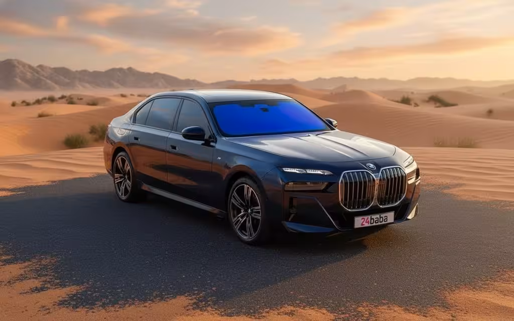 Bmw 735 2023 blue parked outdoor scene – rental in Dubai