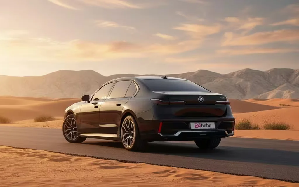 Bmw 735 2023 Black rear view showing taillights – rental in Dubai