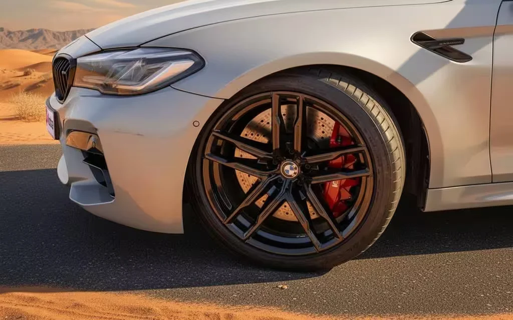 Bmw M5 2022 alloy wheel close up – rental in Dubai