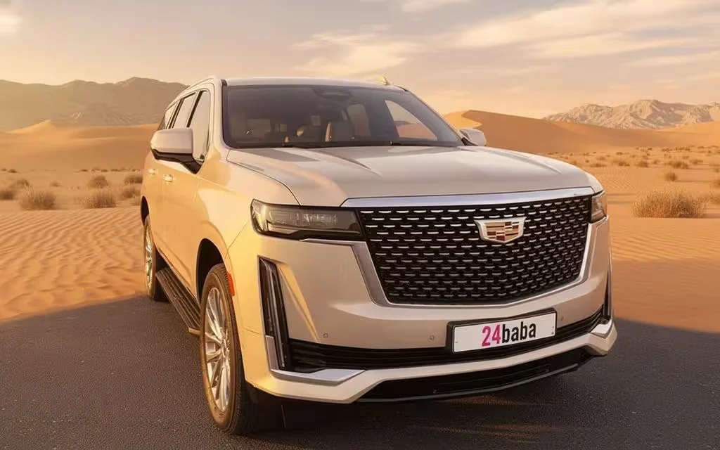 Cadillac Escalade 2021 Beige front view with headlights – rental in Dubai
