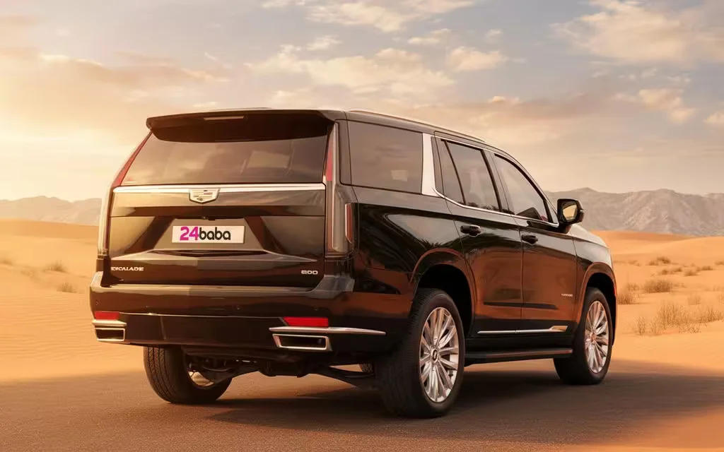 Cadillac Escalade 2022 Black rear view showing taillights – rental in Dubai