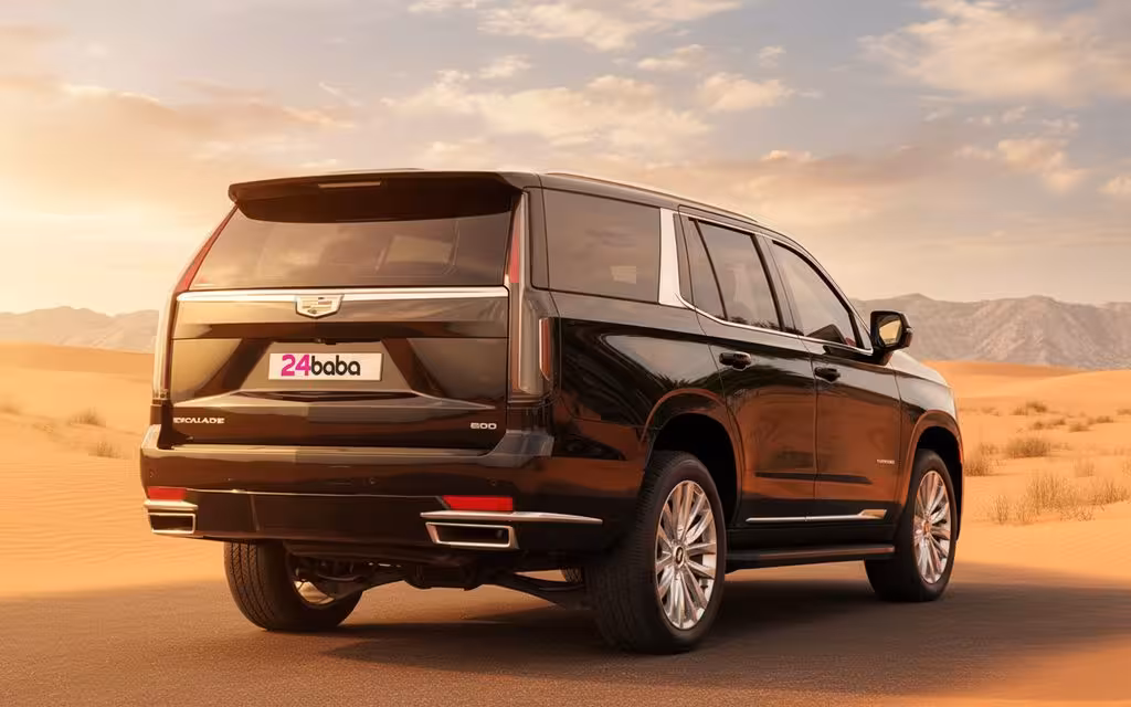 Cadillac Escalade 2022 Black rear view showing taillights – rental in Dubai