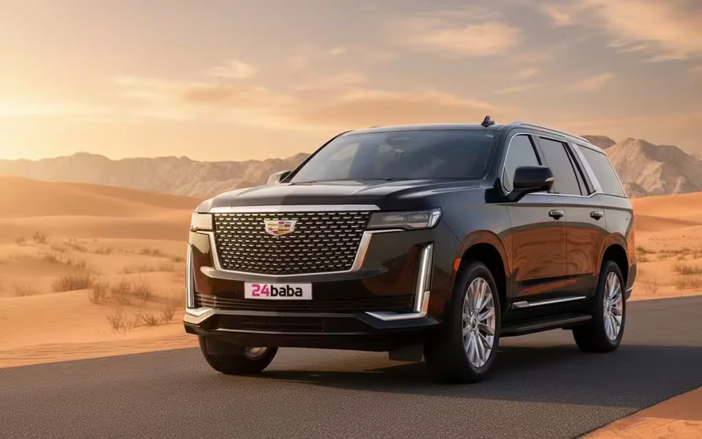Cadillac Escalade 2022 Black front view with headlights – rental in Dubai