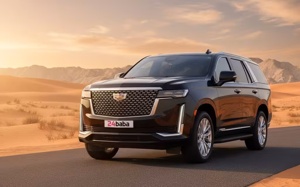 Cadillac Escalade 2022 Black front view with headlights – rental in Dubai