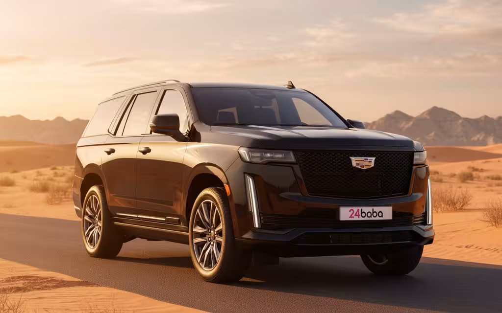 Cadillac Escalade 2023 Black front view with headlights – rental in Dubai