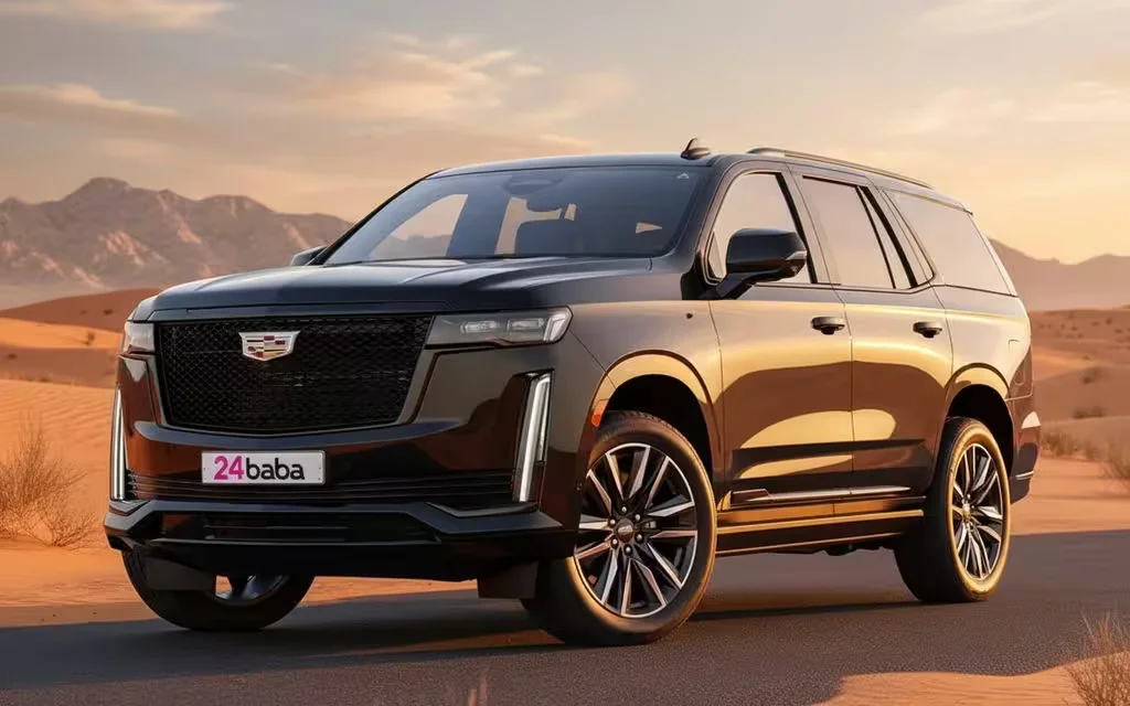 Cadillac Escalade 2023 Black front view with headlights – rental in Dubai