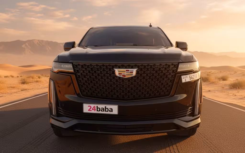 Cadillac Escalade 2023 Black front view with headlights – rental in Dubai