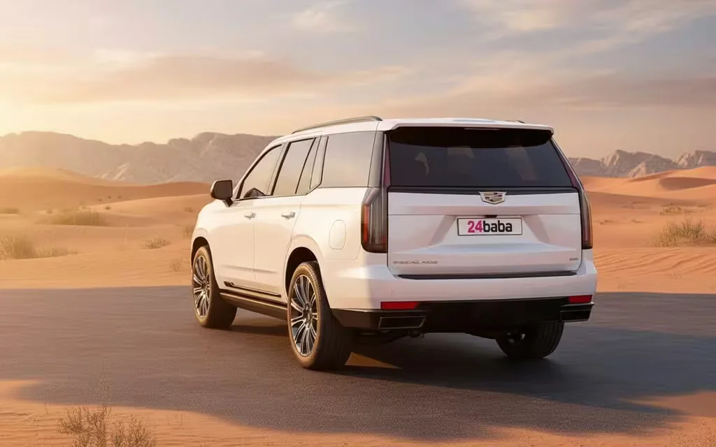 Cadillac Escalade 2023 White rear view showing taillights – rental in Dubai