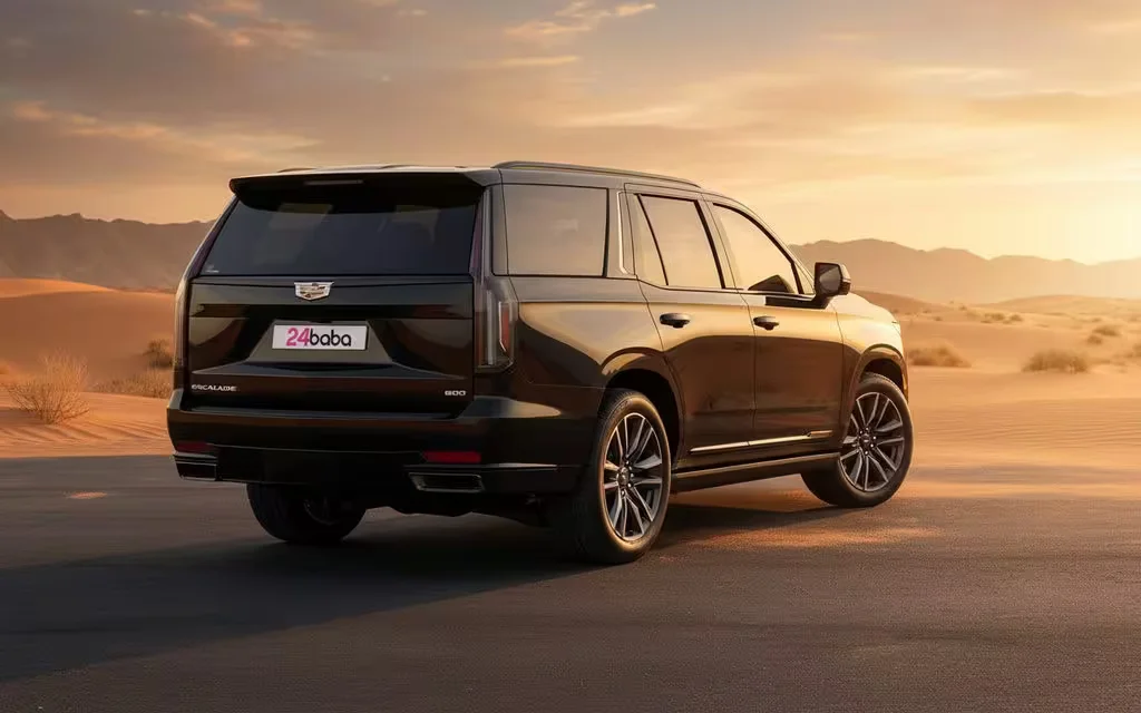 Cadillac Escalade 2024 Black rear view showing taillights – rental in Dubai