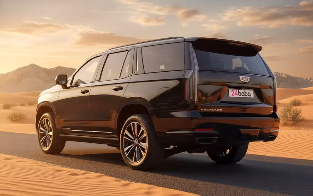 Cadillac Escalade 2026 Black rear view showing taillights – rental in Dubai