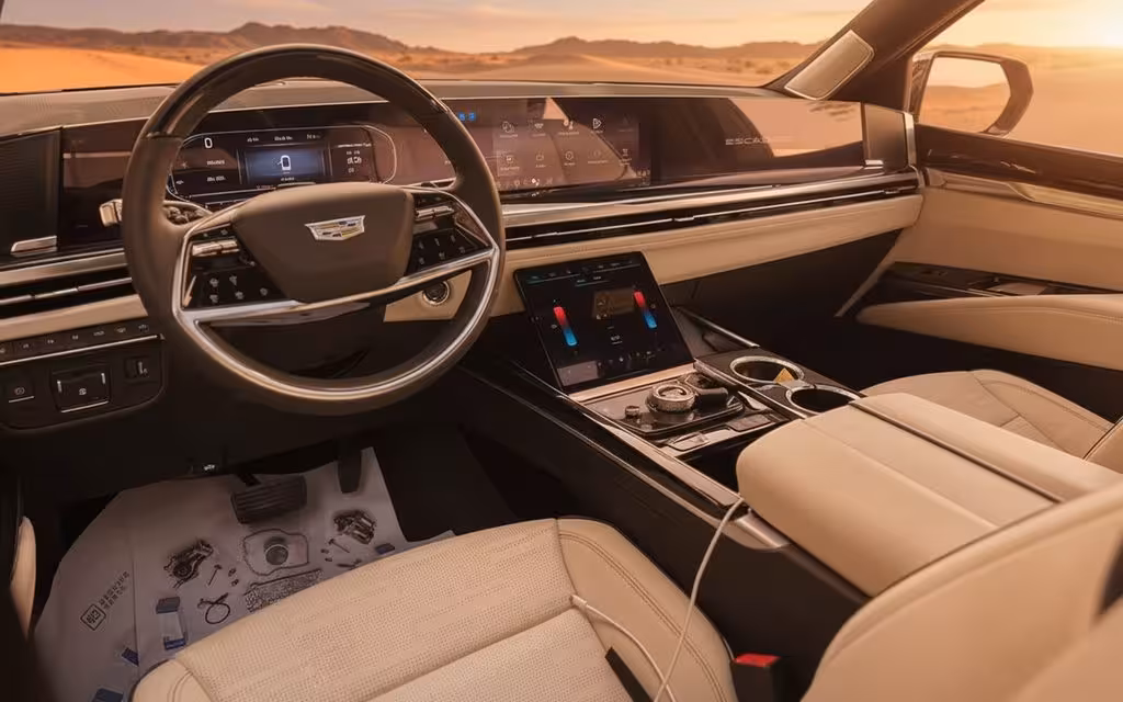 Cadillac Escalade 2026 interior view showing trim – rental in Dubai