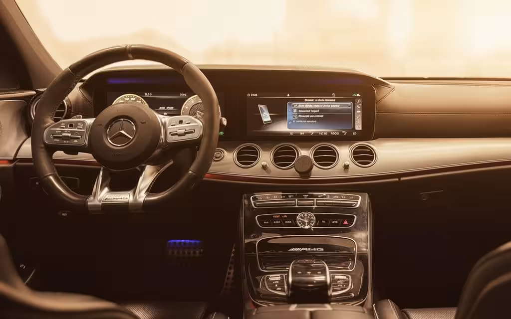 Mercedes E63 2020 interior view showing trim – rental in Dubai