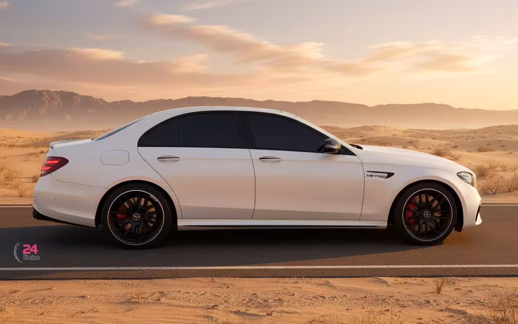 Mercedes E63 2020 White side profile – rental in Dubai