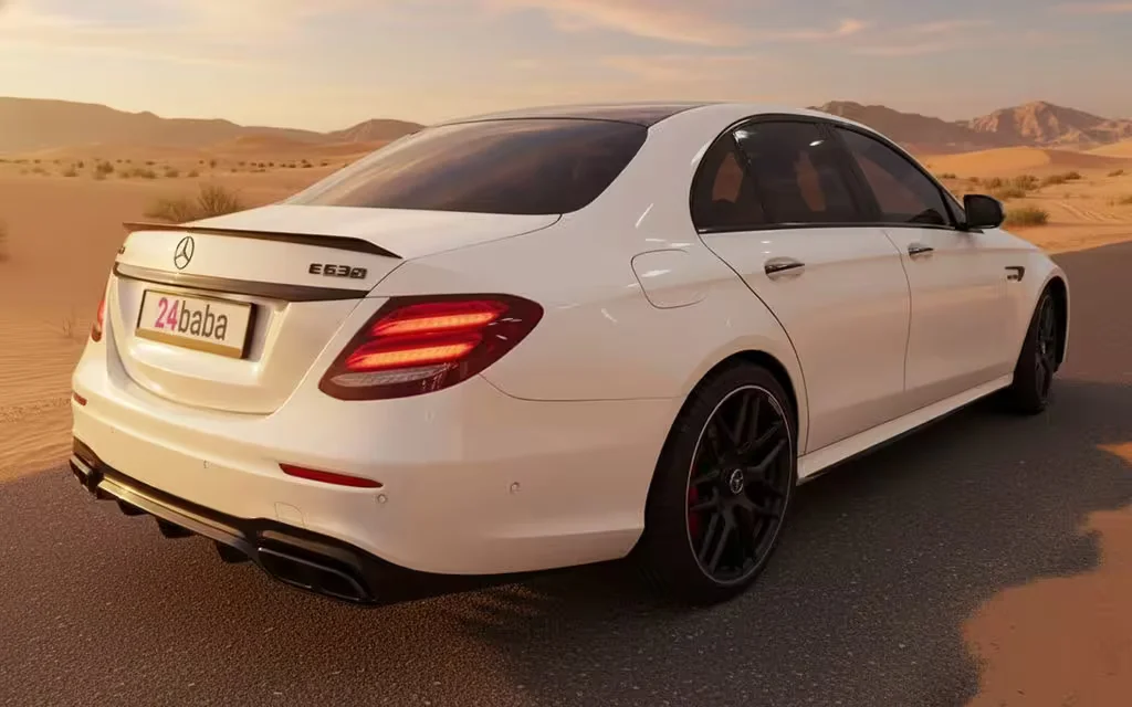 Mercedes E63 2020 White rear view showing taillights – rental in Dubai