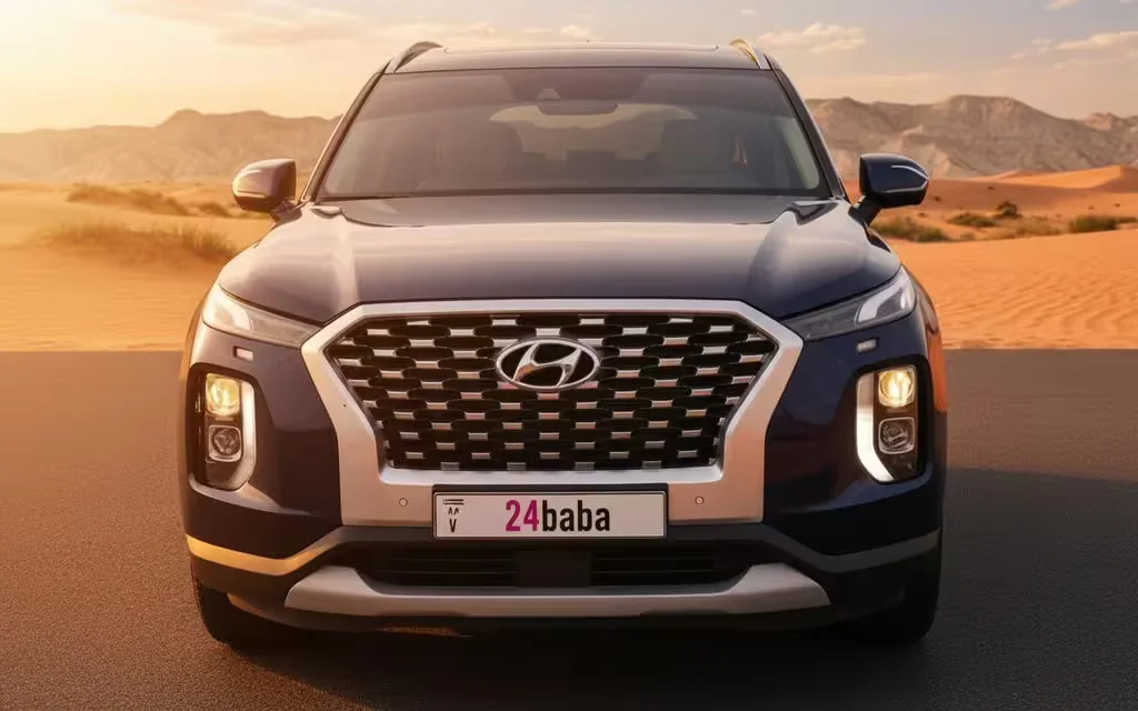 Hyundai Palisade 2022 Blue front view with headlights – rental in Dubai