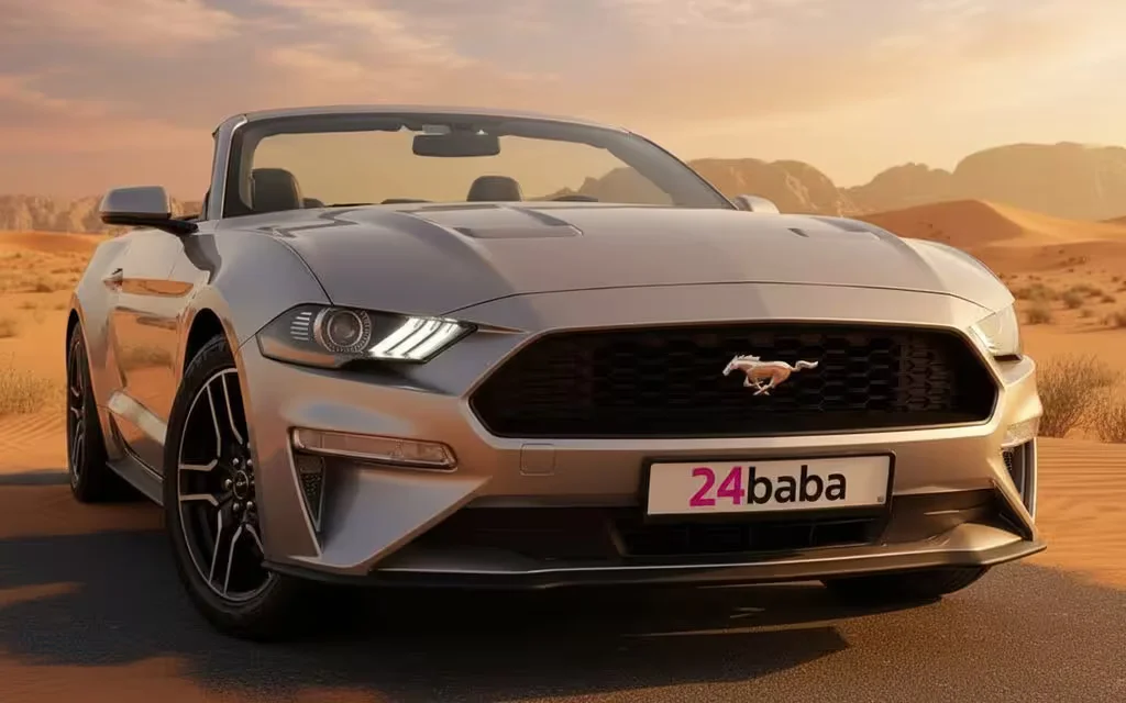 Ford Mustang 2020 Silver front view with headlights – rental in Dubai