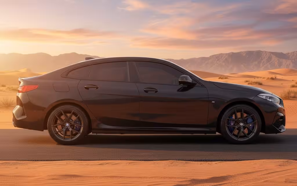 Bmw 235 2021 Black side profile – rental in Dubai