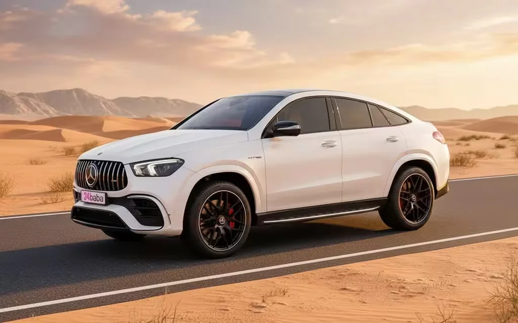 Mercedes Gle63 2023 White front view with headlights – rental in Dubai