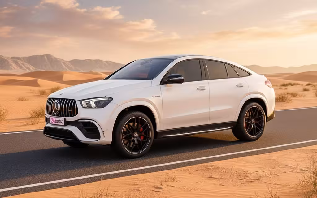 Mercedes Gle63 2023 White front view with headlights – rental in Dubai