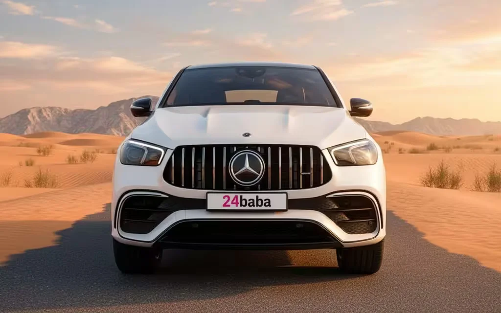 Mercedes Gle63 2023 White front view with headlights – rental in Dubai