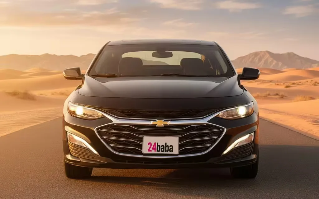 Chevrolet Malibu 2021 Black front view with headlights – rental in Dubai
