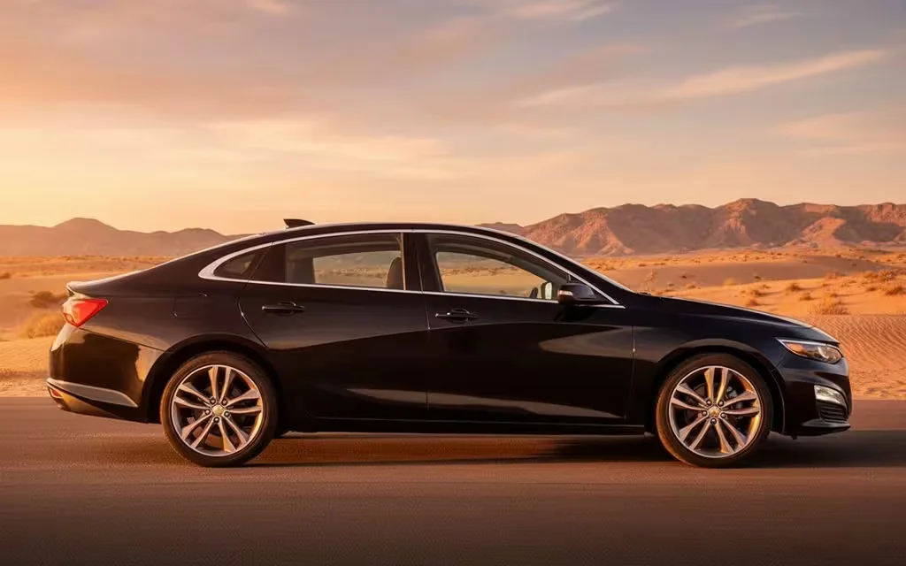 Chevrolet Malibu 2021 Black side profile – rental in Dubai