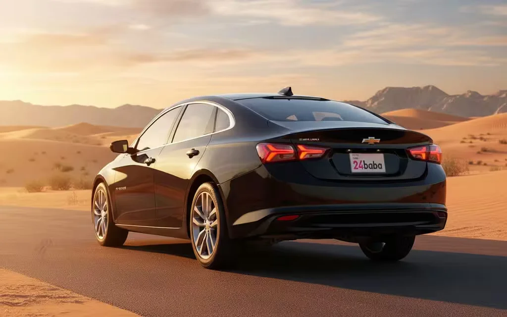 Chevrolet Malibu 2021 Black parked outdoor scene – rental in Dubai