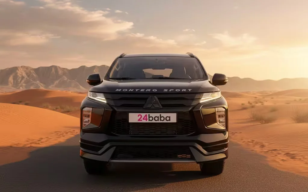 Mitsubishi Montero 2023 Black front view with headlights – rental in Dubai