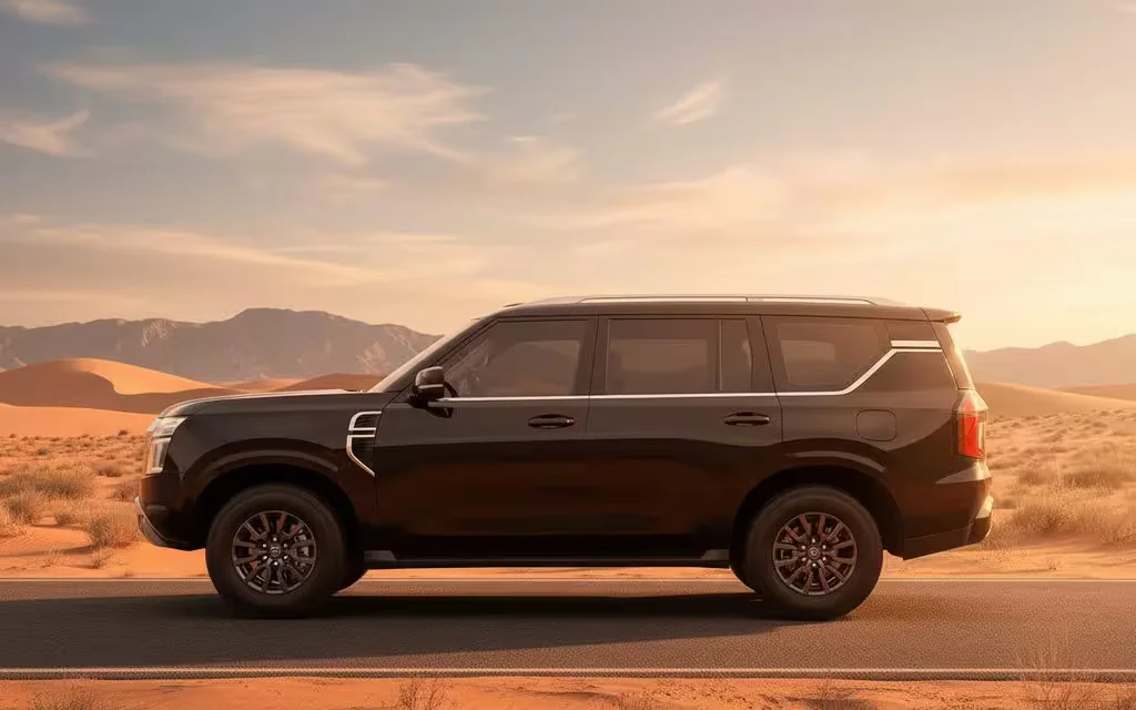 Nissan Patrol 2025 Black side profile – rental in Dubai
