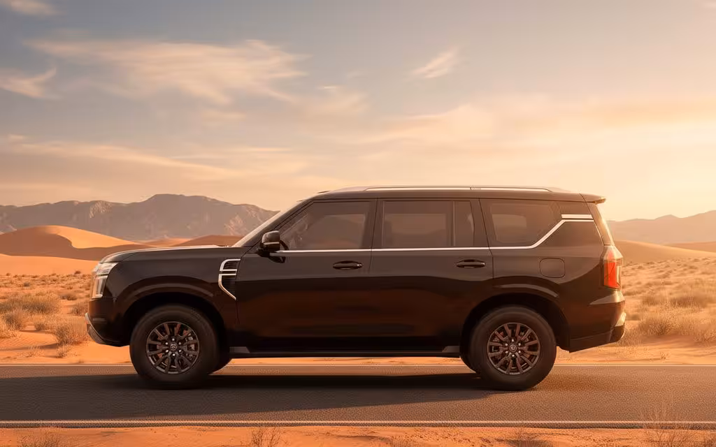 Nissan Patrol 2025 Black side profile – rental in Dubai